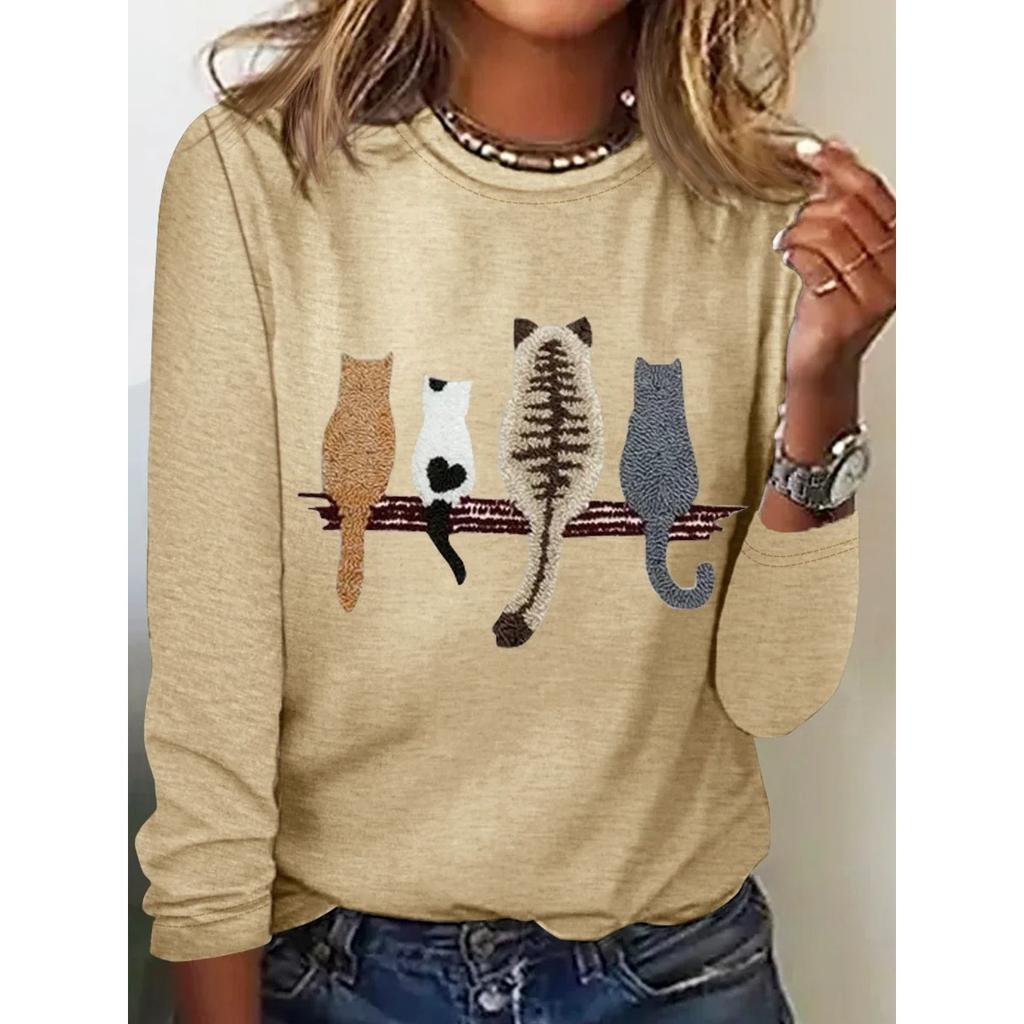 Rundhals 3D-bedrucktes Katzenmuster Top Modische Lässige Langarm Damen T-Shirts