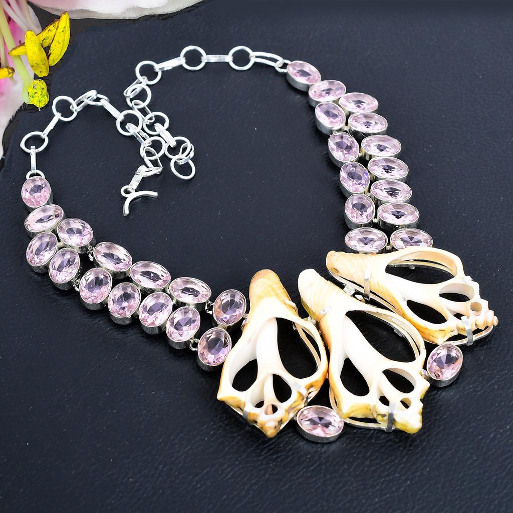 Sea Shell, Kunzite Gemstone 925 Sterling Silver Jewelry Necklace 18" KG-1843