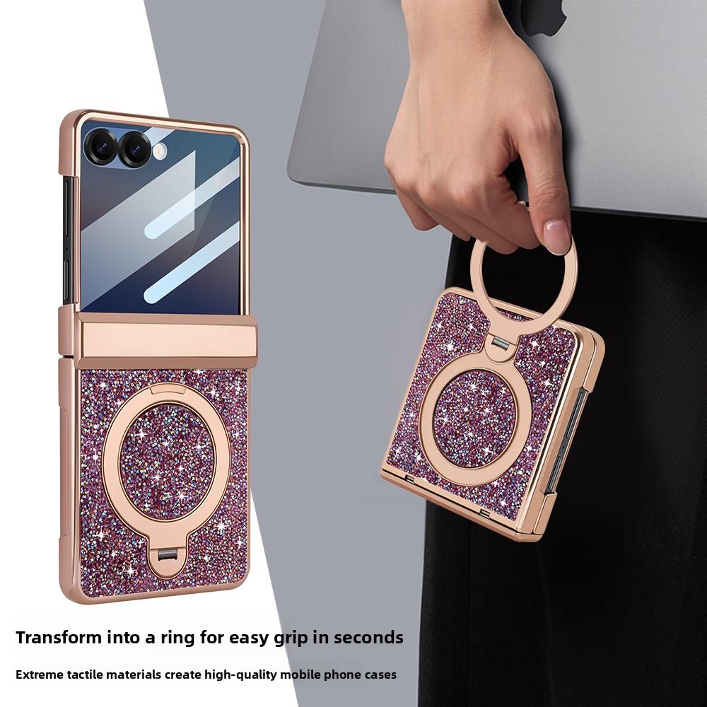 360 Magnetic Stand Hinge Protection Case for Samsung Galaxy Z Flip 8 7 Plating Glitter PU Leather Anti-peeping Glass Film Cover