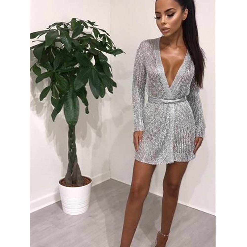 Sexy Mesh V Neck Mini Dress Women Elegant Nightclub Party Clothing Cardigan Style Waist Tie Dress