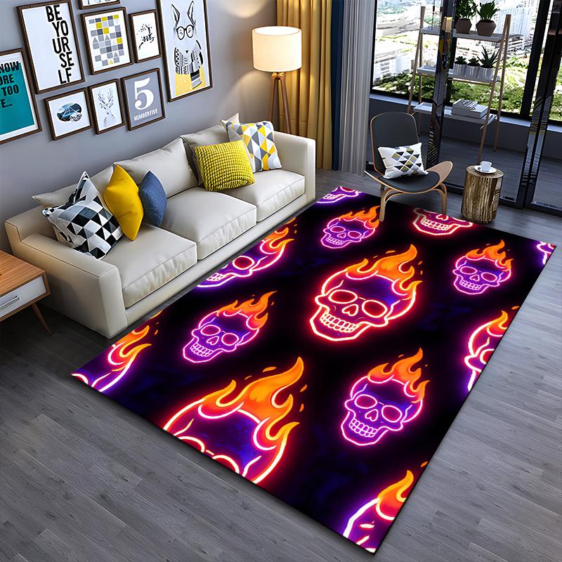 "Flaming Skull Neon Art Carpet, Bright Modern Decor, Black Base" Suitable for use as an anti-slip for living room bedroom sofas