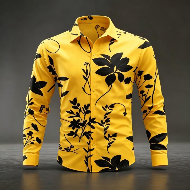 Herren Floral Leaf Print Langarmhemd Mode Slim Fit Button-Down Lässige Blusen Tops