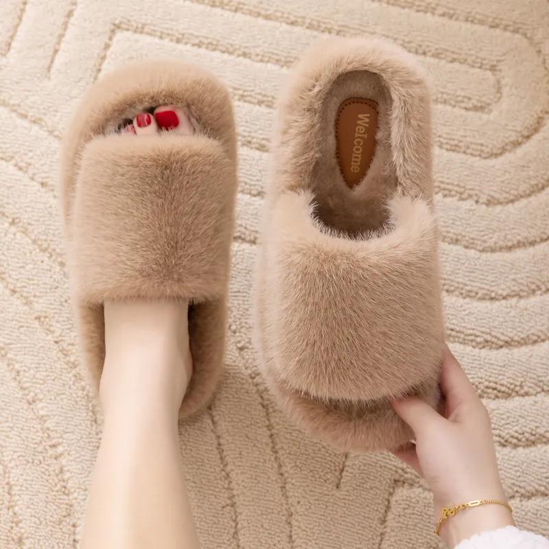 Fur Slippers Women Platform Autumn Winter Cozy Open Toe Breathable Living Room Shoes