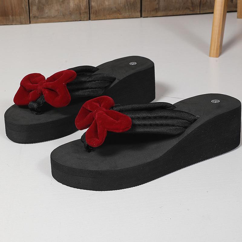 Fashion Sweet Red Bow Knot High Heel Flip Flops Women Fashion Open Toe Wedge Summer Slippers Lady New Anti-Slip Weightlight Slides Mujer