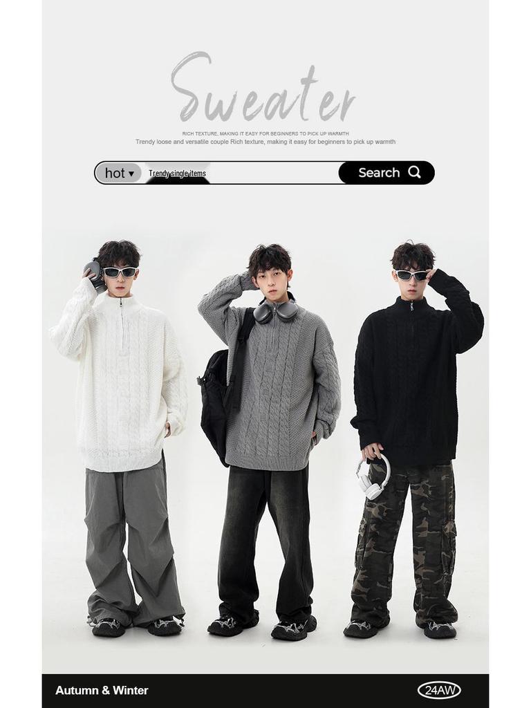 2026 Korean-Style Half-Zip Knit Sweater: Solid Color, Half-High Collar, Casual Autumn/Winter Youth Fashion.