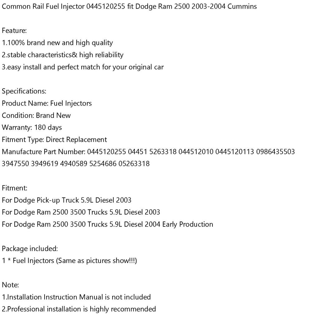 1PCS Common Rail Fuel Injector 0445120255 Fit Dodge Ram 2500 2003-2004 Cummins