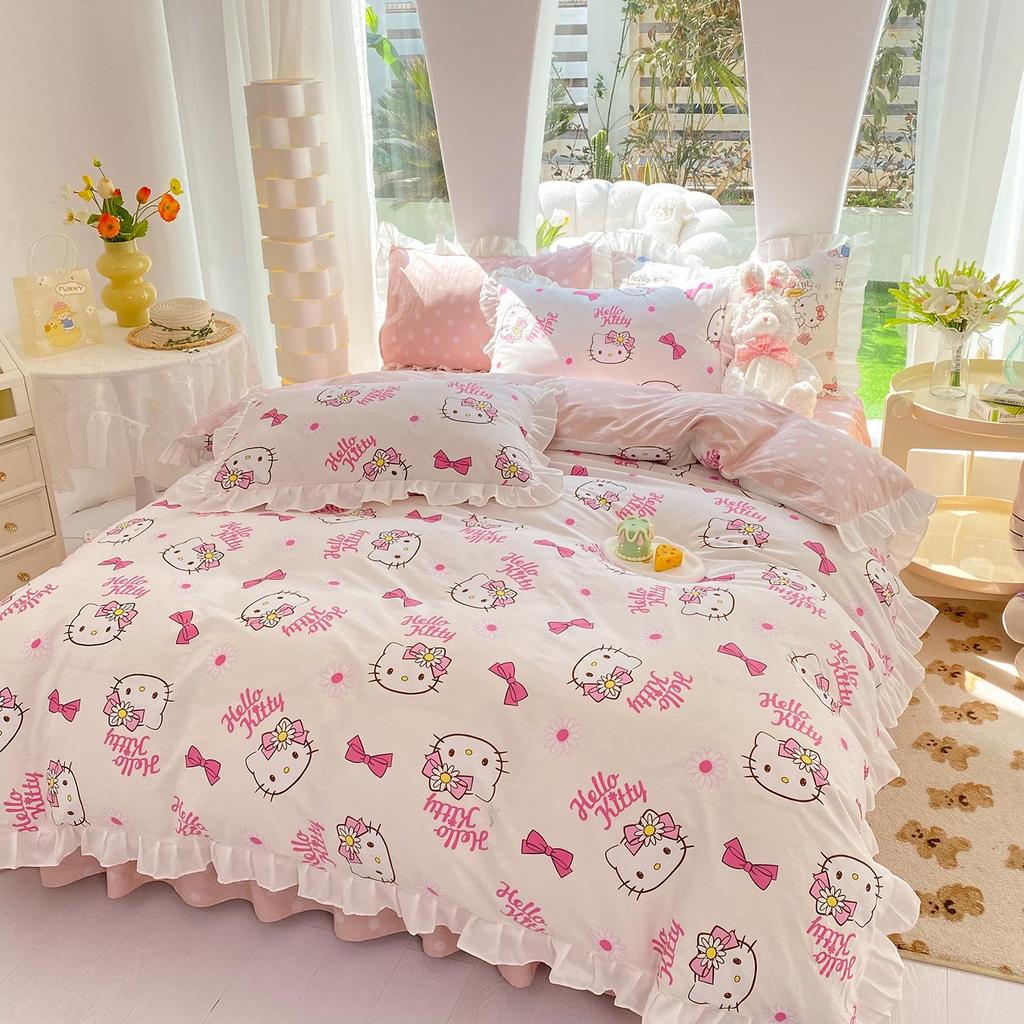 Official Sanrio Hello Kitty All-Cotton 4-Piece Bedding Set - Sheet, Pillowcase & Bed Skirt for Dorms