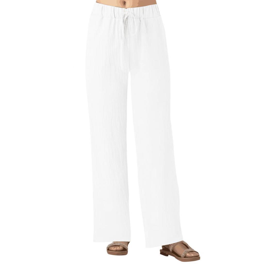 Spring and Summer Women's Pants Cotton Linen Solid Colour Tie Pockets Loose Casual Wide Leg Pants