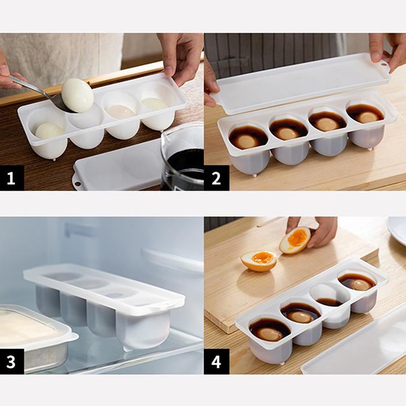 Pudełko do robienia gotowanych jajek z przegródkami, szczelne pudełko na jajka duszone, na jajka gotowane na miękko, średnio i na twardo, 4-przegródkowy design, gadżety do gotowania