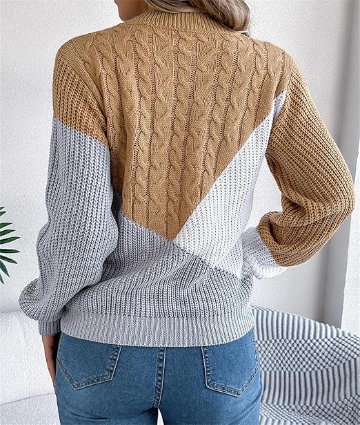 Womens Oversized Pullover Sweaters Crew Neck Long Sleeve Color Block Jumper Loose Knit Tunic Tops