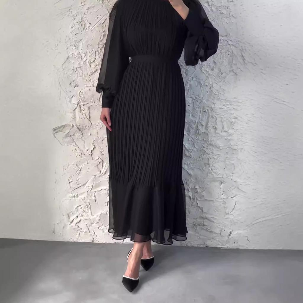 Spring & Autumn Temperament Long Dress: Solid Color Mesh Stitching with Pleated Ruffle Hem