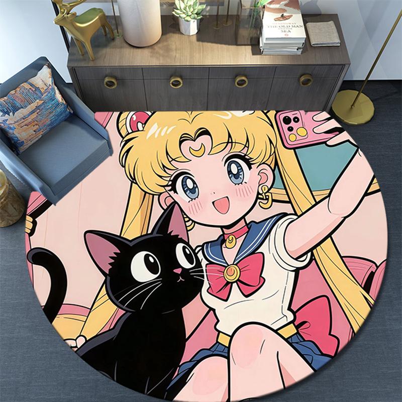 Sailor Moon Round Area Rug,Carpet Rug for Living Room Bedroom Sofa Playroom Decor,Non-slip Floor Mat