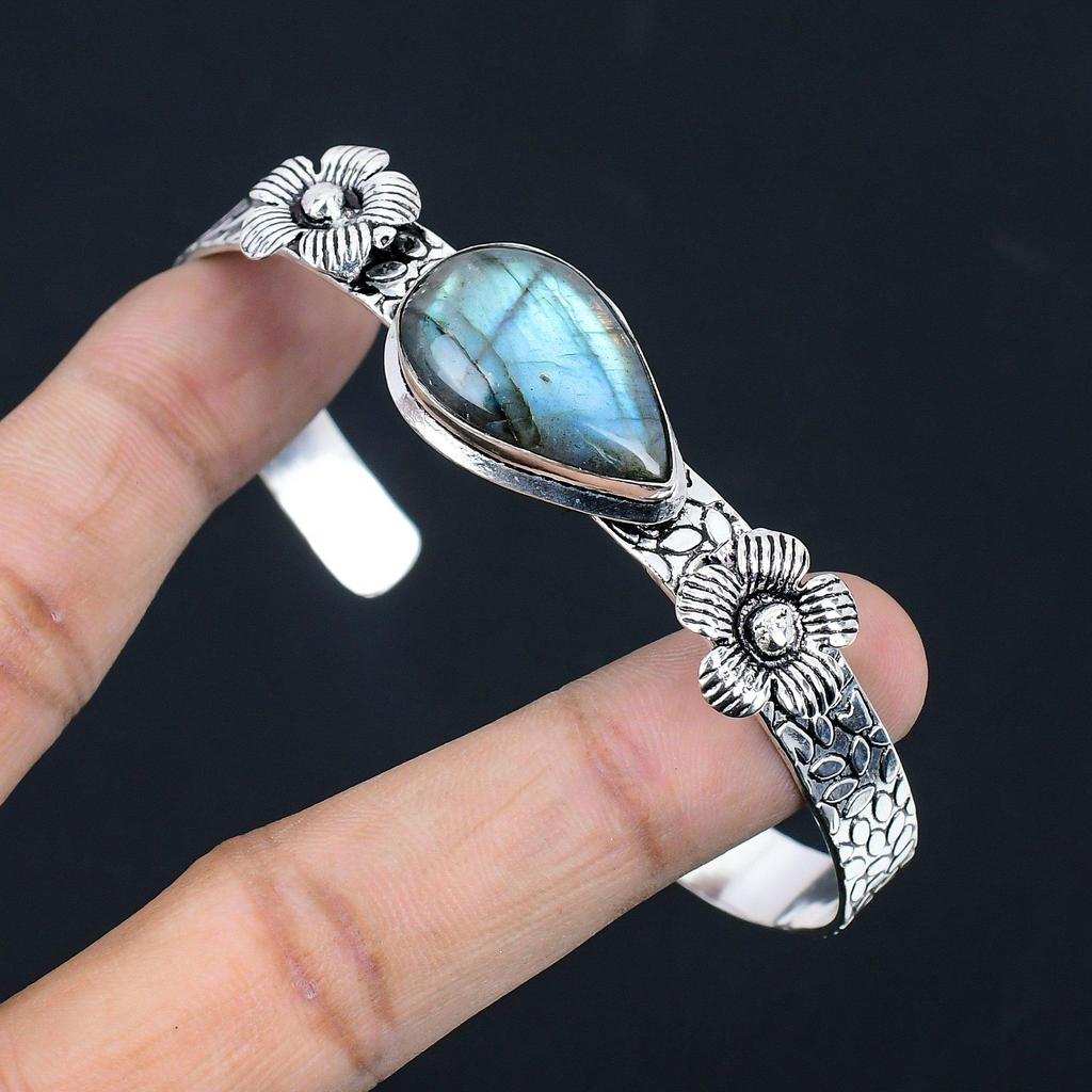 Halloween Sale 925 Sterling Silver Labradorite Gemstone Flower Bangle Bracelet