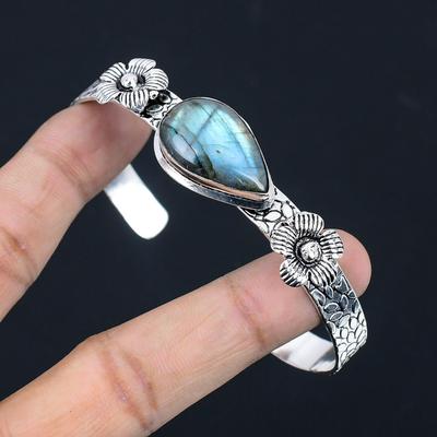 Halloween Sale 925 Sterling Silver Labradorite Gemstone Flower Bangle Bracelet