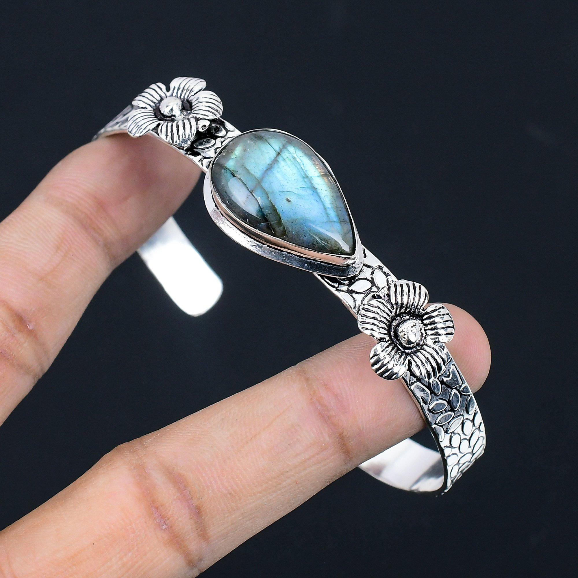 

Хэллоуинская распродажа Браслет-бенгл из стерлингового серебра 925 пробы с лабрадоритом и цветком Adjustable