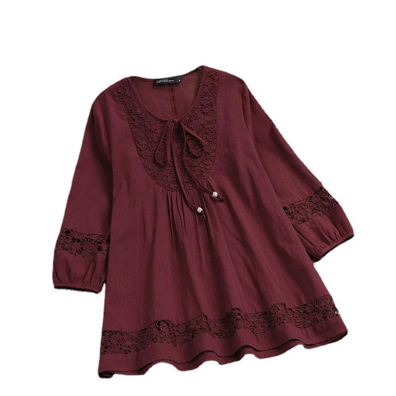 New Cotton Linen Patchwork Lace 3/4 Sleeve Loose Fit Women's Top
