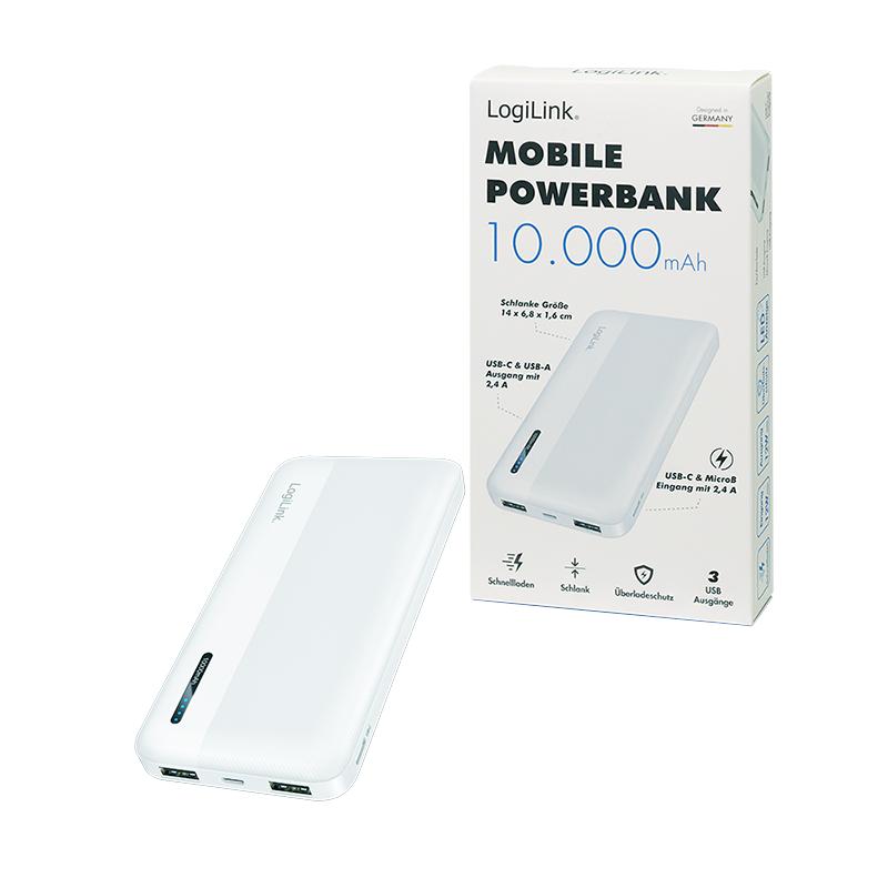 LogiLink Powerbank 10000 mAh White USB-C + 2x USB-A Fast Charging LED