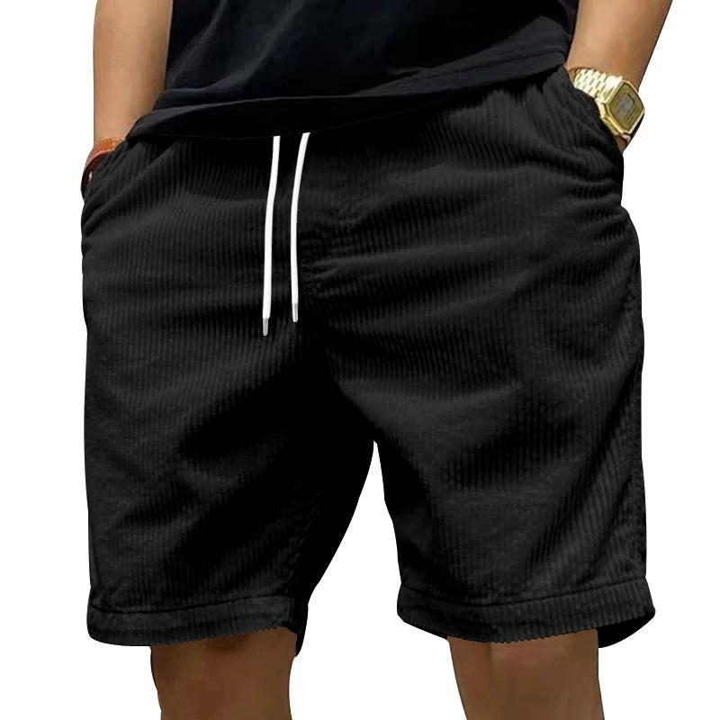 Men Black Corduroy Drawstring Waist Casual Shorts Loose Fit Summer Streetwear Bottoms S чёрный