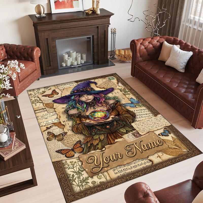 Witchcraft Theme Crystal Velvet Rug Personalized Custom Name Text Soft Floor Mat Home Decor