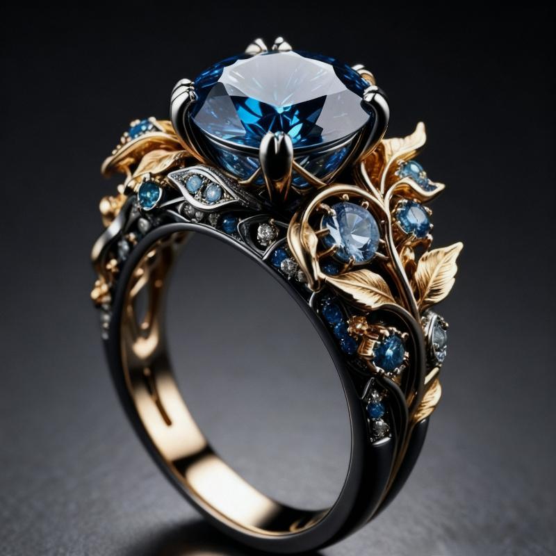 Retro and Trendy Blue Color Inlaid Zircon Leaf Women's Ring, Luxurious and Fashionable Banquet Party Accessories, Jewelry Gifts