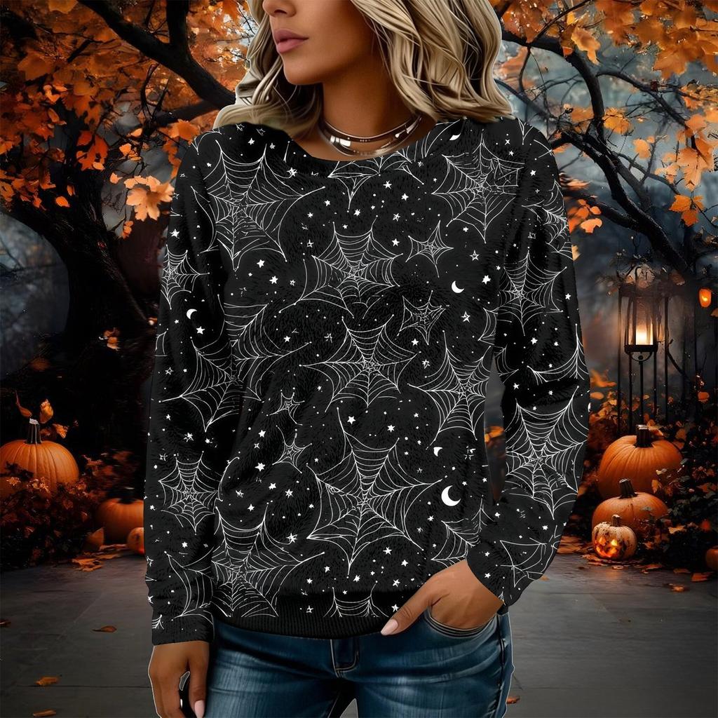 Women's Flannel Long Sleeve Top with Halloween Print Neck Pullover Shirt