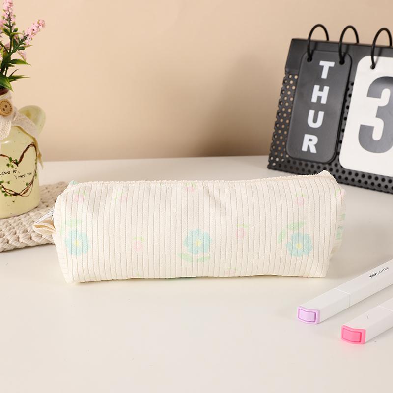 

Striped Corduroy Zipper Floral Pencil Case for storing pens and other stationery, suitable as a gift for students and girls