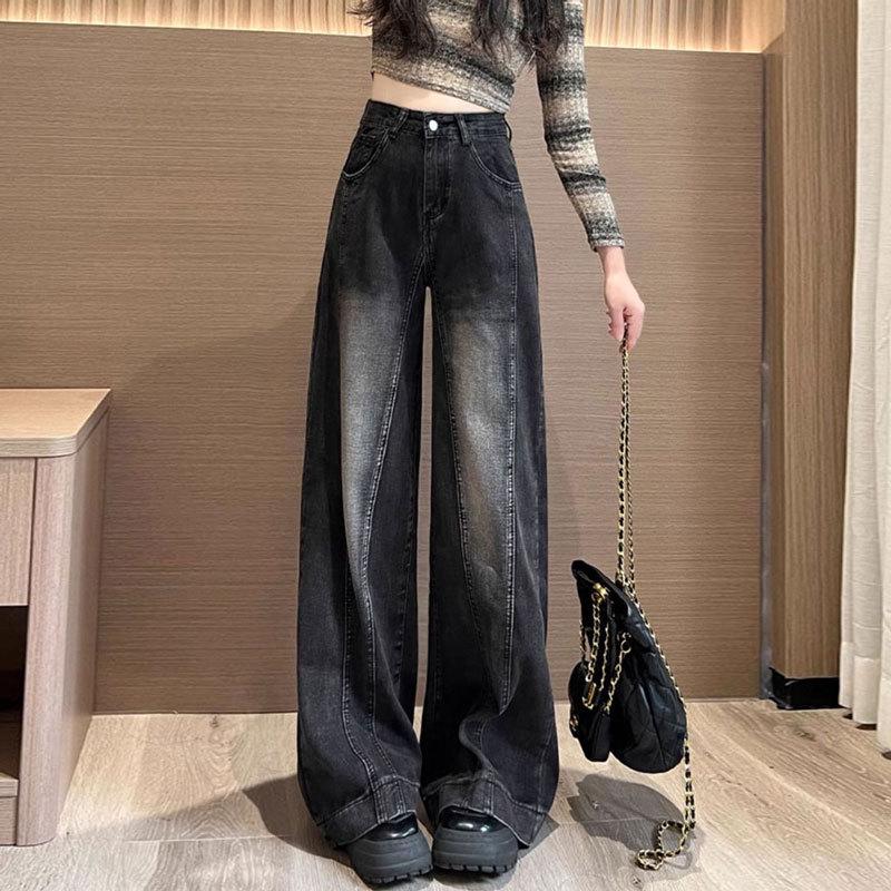 

Women s Black & Gray Patchwork Wide-Leg Jeans - Spring/Autumn Plus Size, Floor-Length, Loose Fit 5XL серый/чёрный