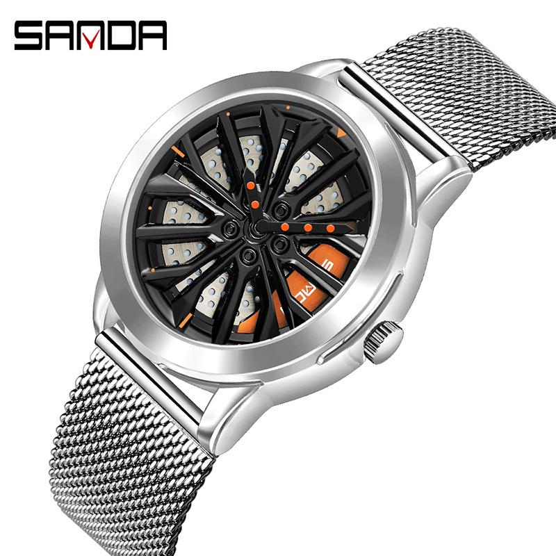 Sanda Men's Creative Wheel Quartz Watch - Trendy Rotating Waterproof Wristwatch