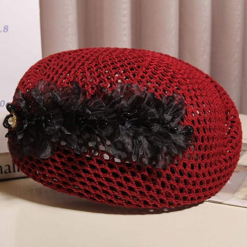 Korean Floral Painter hat French Women Knit Fabric Cap Versatile Hollow Out Beret Spring