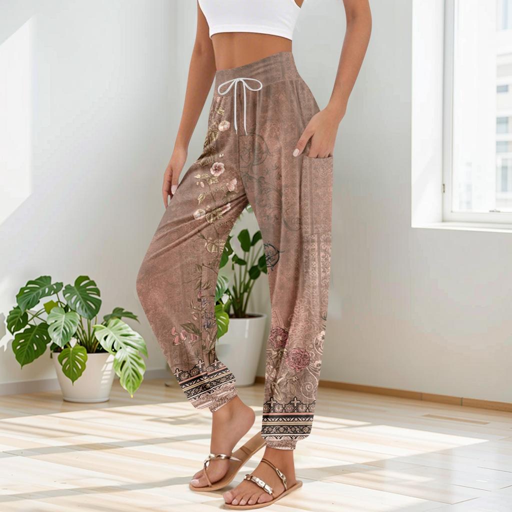 Women's Pocket Drawstring Trousers High Waist Yoga Retro Print Casual Pants