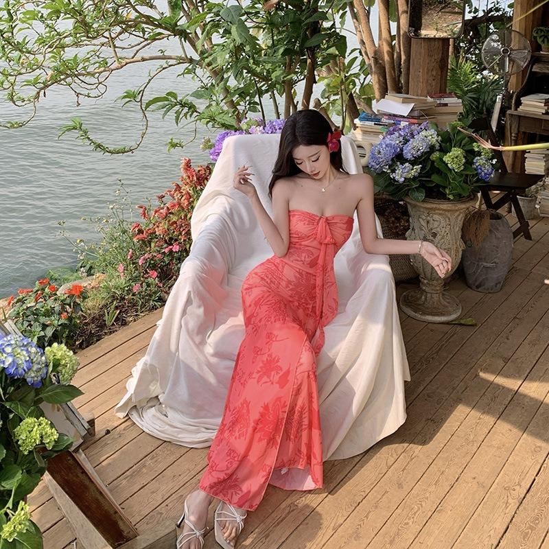 Sommer Leichtes Übergewicht Französisch Reiner Wunsch Druck Schlauchtop Rock Damen Frühling und Sommer Sexy Falten Träger Urlaubs Kleid
