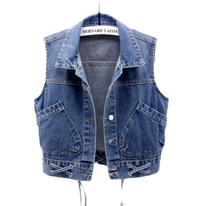 2022 Women's Slim Fit Lace-Up Denim Vest with Large Pockets - Summer Thin, Versatile, and Flattering.
