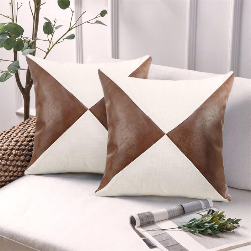 Faux Leather Pillow Case Waist Cushions Cover for Living Room Sofa Splicing Linen Throw Pillowcase Home Decoration