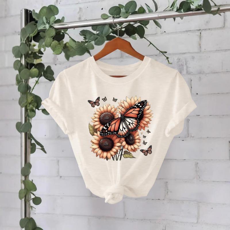 Summer New Short-sleeved Fashion T-shirts Featuring Sunflowers and Butterflies