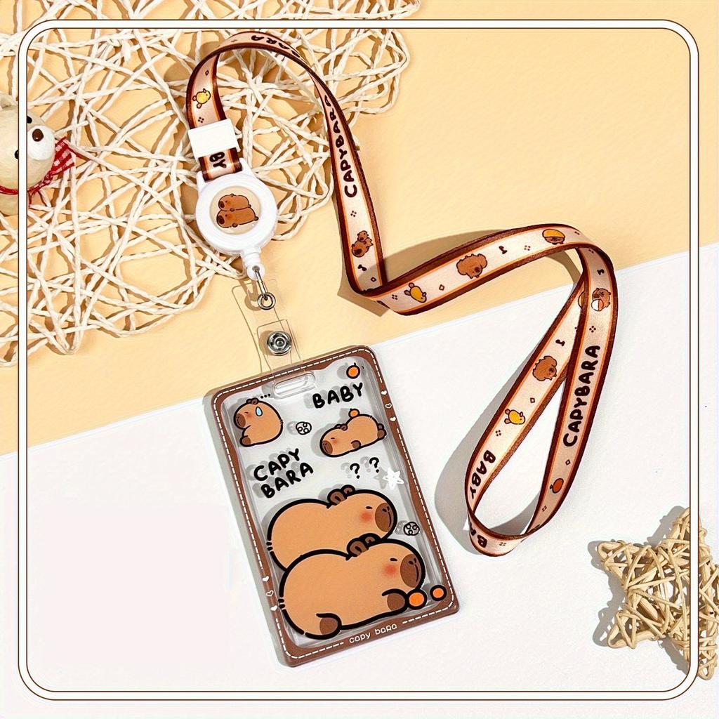 Cute Cartoon Retractable Lanyard Card Holder, Transparent Anti‑Loss Card Case for Students
