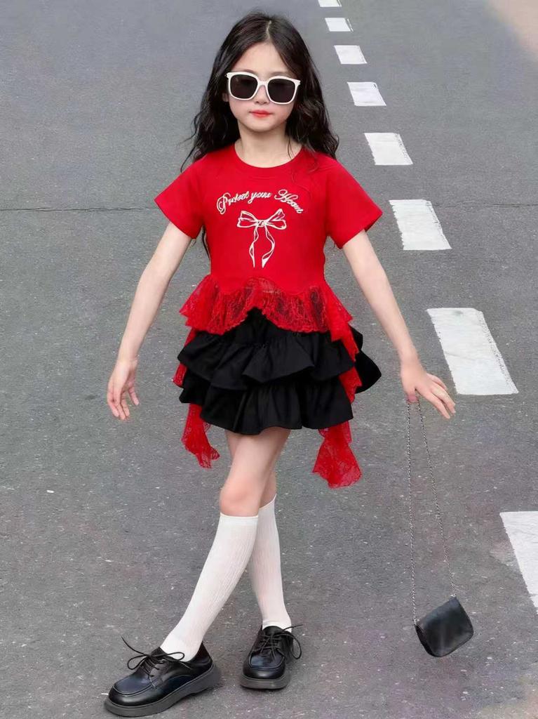 Girls Summer Short Sleeve Ruffle Dress Set with Bow Tie Trendy and Versatile