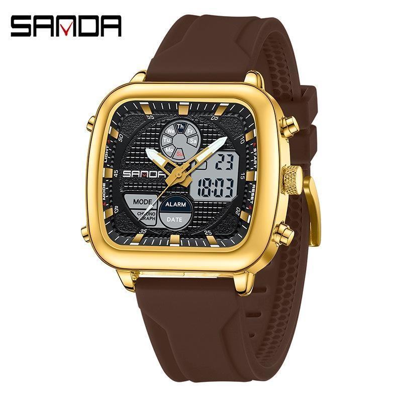 SANDA Retro Square Double Display Electronic Watch Night Light Waterproof Business Leisure Men's Watches Sports Silicone Strap Wristwatch