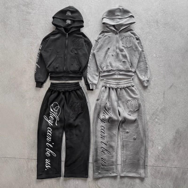 Erkek Rahat Kapüşonlu Fermuarlı Sweatshirt Düz Bacak Yırtık Pantolon Takımı Pamuklu Sokak Giyim Kıyafeti