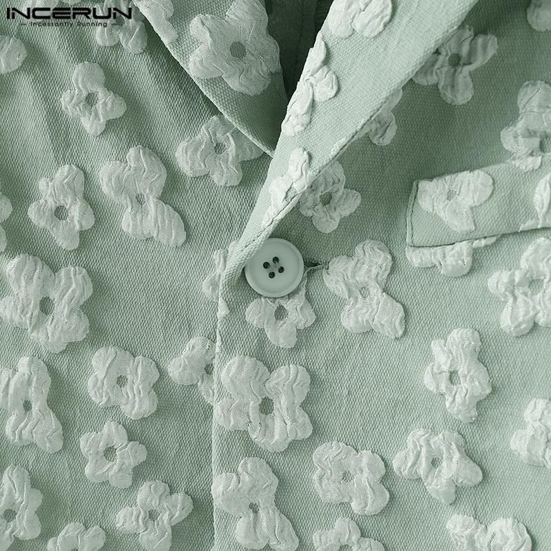 INCERUN Men Lapel Neck Long Sleeve One Button Flowers Texture Cropped Blazer Coats