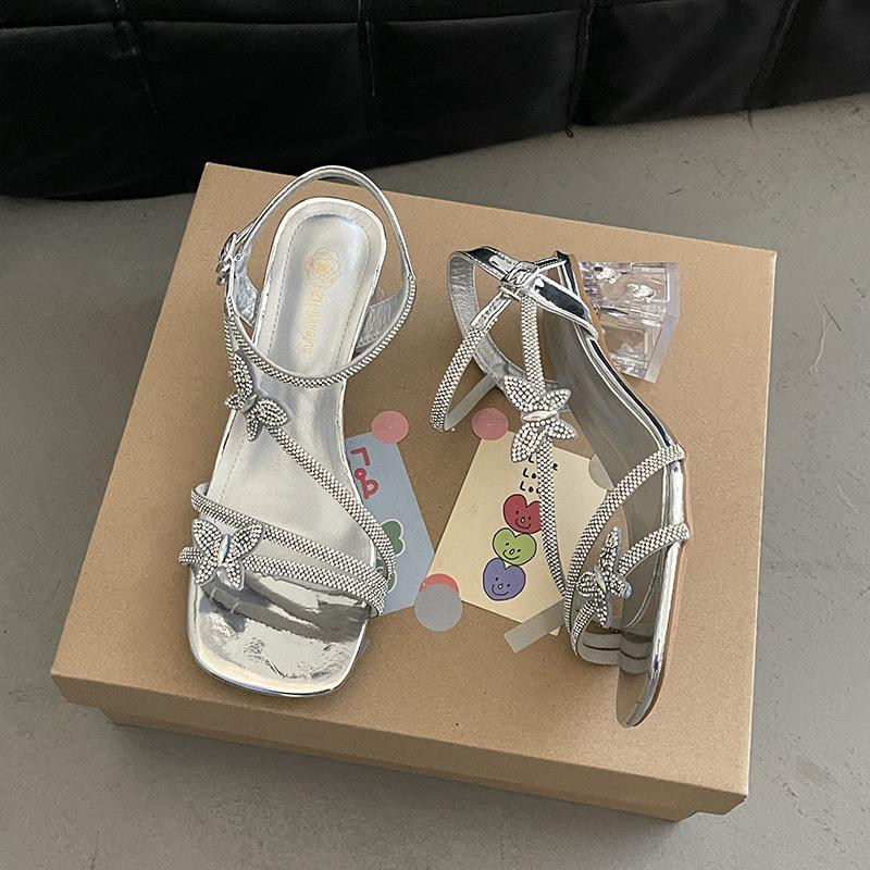 2025 spring and summer new crystal shoes fashion versatile casual rhinestone sandals women's skirt open-toed high heels