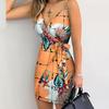 Vestito Corto da Donna con Stampa Tropicale, Modello Wrap, Spalline Sottili, Scollo a V, Cintura da Legare, Bodycon, Estivo, Foglie di Palma, Stampa Floreale, Vacanza al Mare, Festa in Club