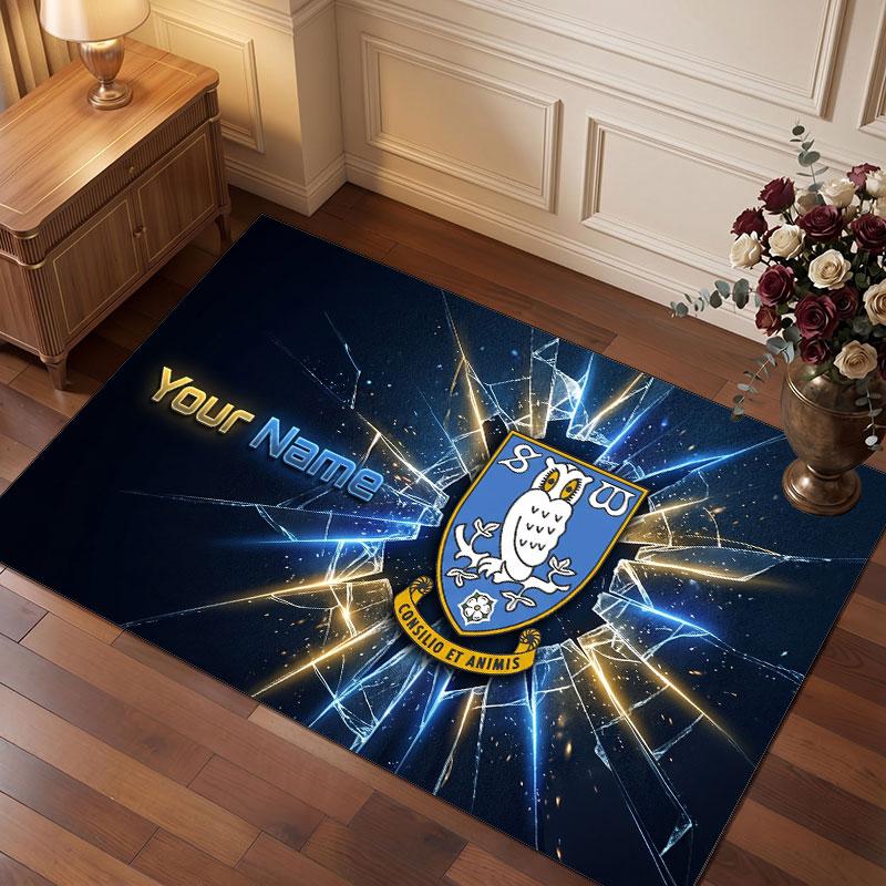 Sheffield Wednesday FC Custom Crystal Velvet Rug, Personalized Name Text Print, Football Logo Soft Non‑Slip Floor Mat Home Decor Gift