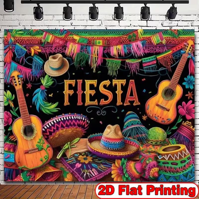 2D Cinco De Mayo Backdrop, Mexican Fiesta Colorful Guitar Sombrero Party Background