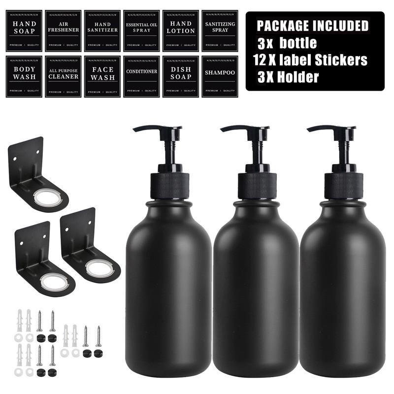 500ml Matte Black Lotion Bottle Plastic Refillable Bottle with Labels Wall-mounted Lotion Bottle Holder Shampoo Conditioner