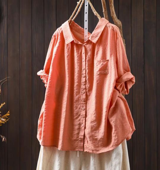 

Johnature Women Vintage Shirts Tops Patchwork Pockets Solid Color Turn-down Collar Half Sleeve Thin Summer Shirt One Size красный