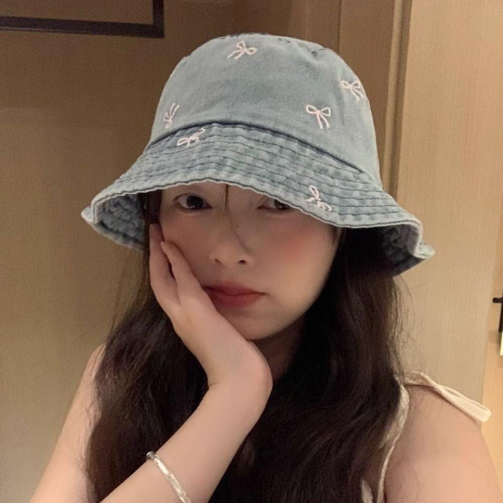 Outdoor Bowknot Cowboy Fisherman Hat Big Brimmed Covering Basin Hat Y2K Denim Bucket Hat  Lady