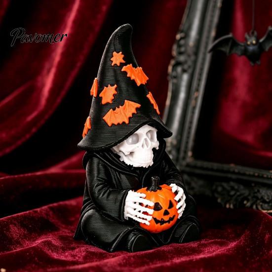 Small Stable Gothic Figures Halloween Skeleton Wizard Figurine, 3D Printed Statue with Bat Hat Pumpkin Pumpkin& Hat, Bookshelf And Tabletop