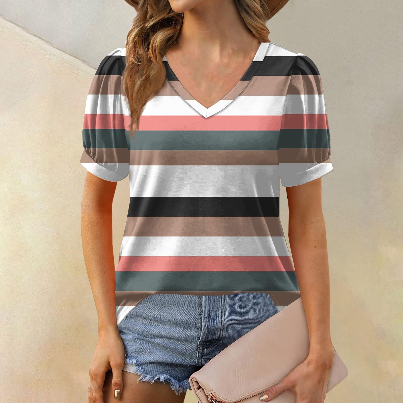 

Женская модная полосатая футболка с принтом, короткими рукавами и V-образным вырезом, свободная повседневная футболка XXL белый