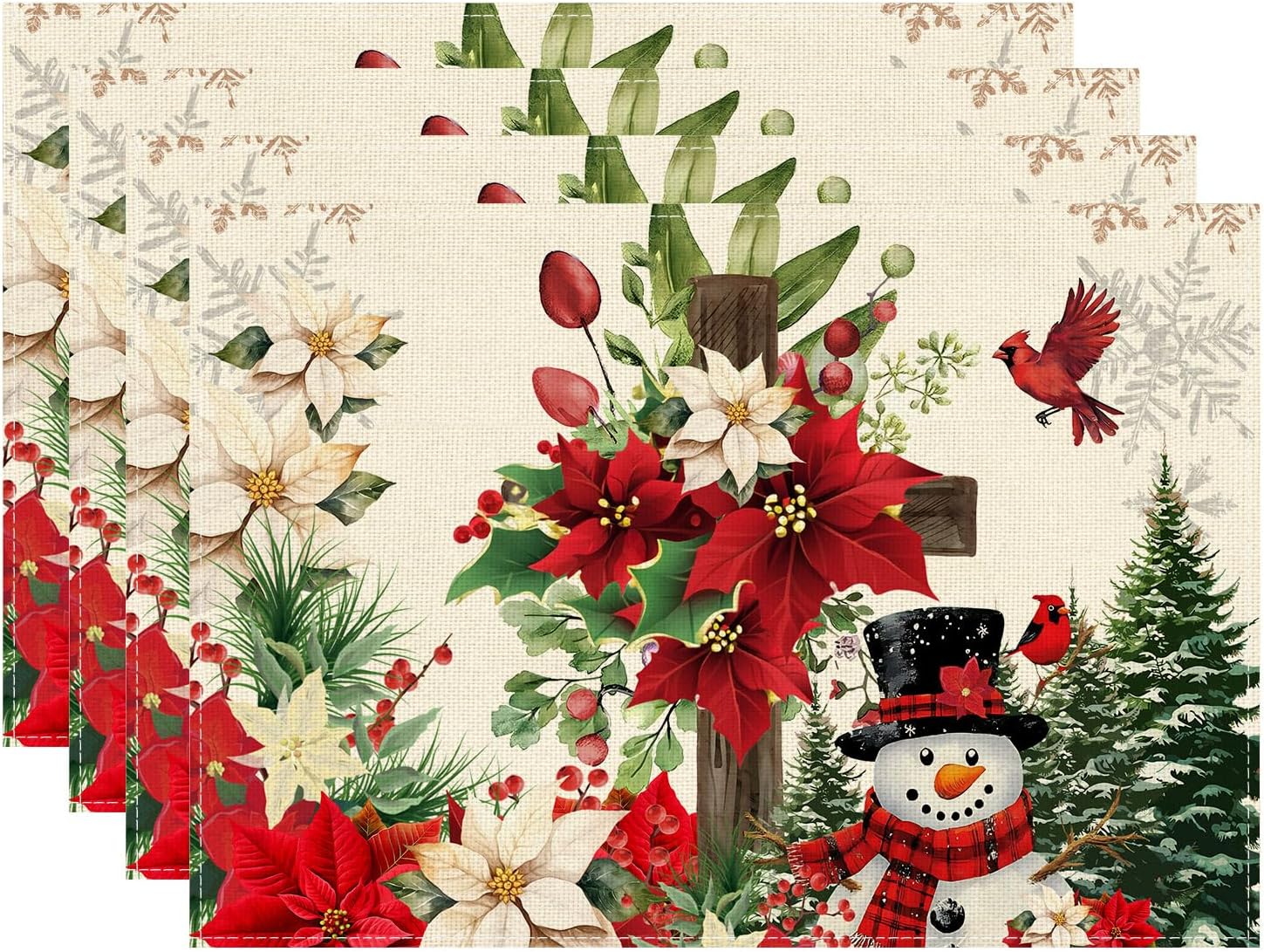 

Snowman Poinsettia Christmas Winter Xmas Placemats Set of 4 12x18 Inch Table Mats for Party Home Kitchen Dining Decor 4pcs