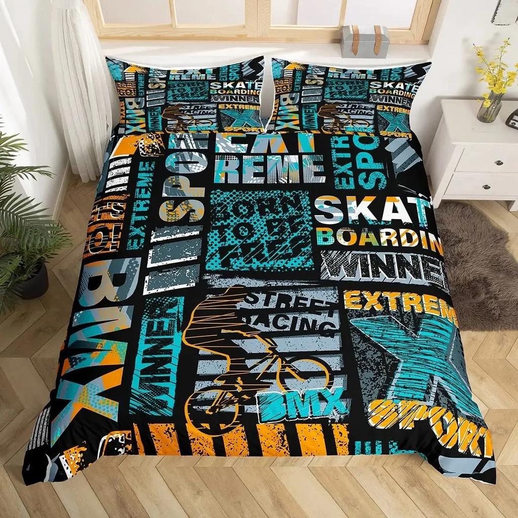 Skateboard Duvet Cover Set Full Size For Boys Teens Extreme Sports Bedding Set Youth Comforter Cover Graffiti Style Duvet Cover
